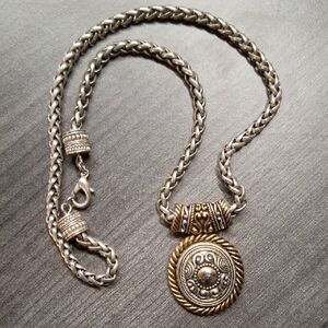 Two Tone wide chain with detailed medallion Silver and Gold pendant Necklace